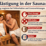 Ratgeber-Infografik: Belästigung in der Sauna vermeiden und richtig reagieren.