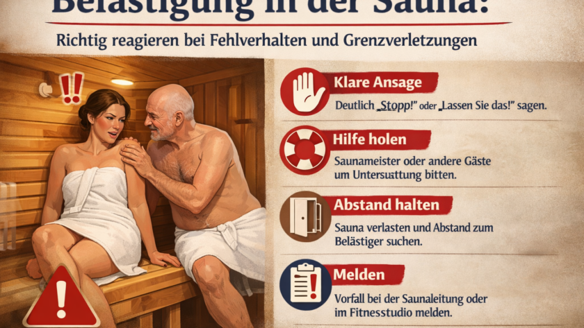 Ratgeber-Infografik: Belästigung in der Sauna vermeiden und richtig reagieren.