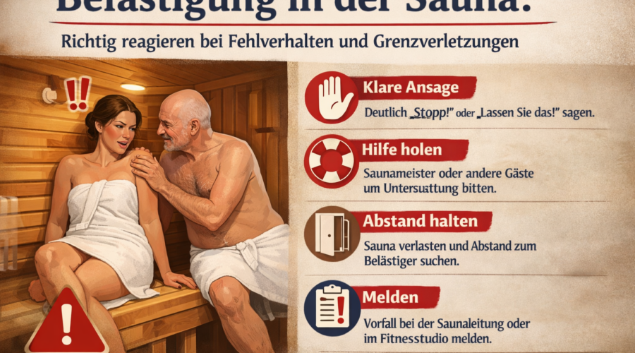 Ratgeber-Infografik: Belästigung in der Sauna vermeiden und richtig reagieren.
