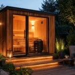 Moderne Außensauna mit Holzfassade und beleuchtetem Ruhebereich im Garten bei Abendstimmung