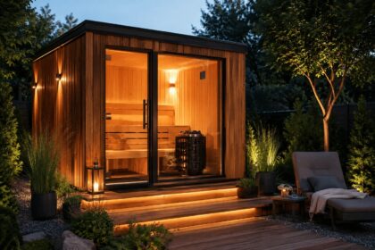 Moderne Außensauna mit Holzfassade und beleuchtetem Ruhebereich im Garten bei Abendstimmung