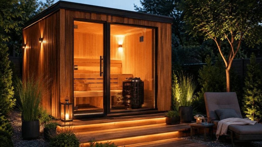 Moderne Außensauna mit Holzfassade und beleuchtetem Ruhebereich im Garten bei Abendstimmung
