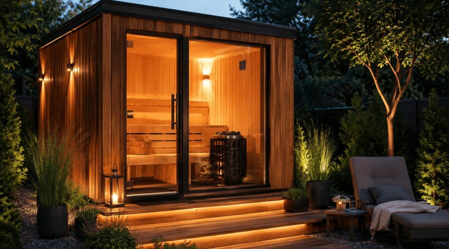 Moderne Außensauna mit Holzfassade und beleuchtetem Ruhebereich im Garten bei Abendstimmung
