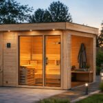 Moderne Karibu Gartensauna mit Glasfront und beleuchtetem Wellnessbereich bei Sonnenuntergang