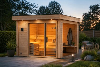 Moderne Karibu Gartensauna mit Glasfront und beleuchtetem Wellnessbereich bei Sonnenuntergang