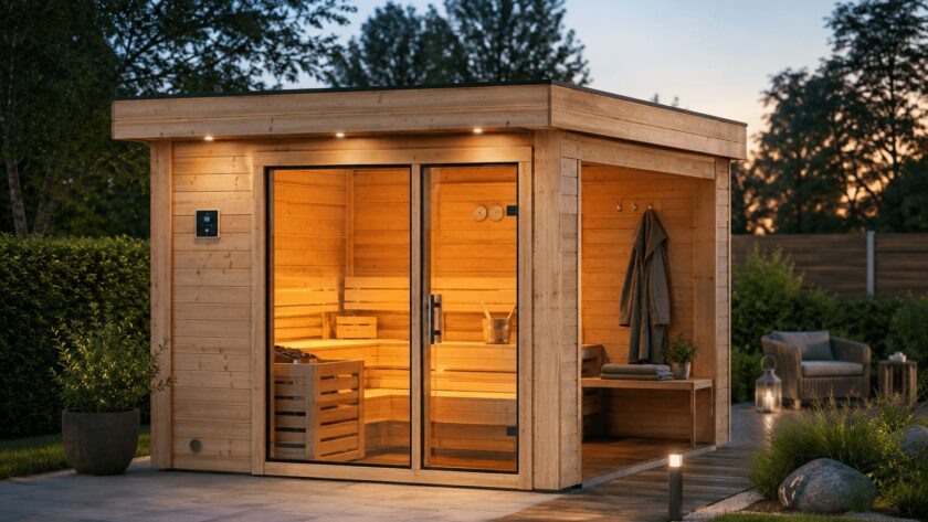 Moderne Karibu Gartensauna mit Glasfront und beleuchtetem Wellnessbereich bei Sonnenuntergang