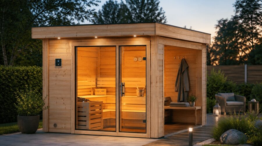 Moderne Karibu Gartensauna mit Glasfront und beleuchtetem Wellnessbereich bei Sonnenuntergang