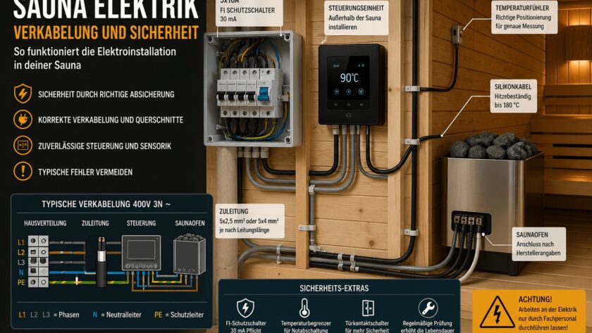 Sauna Elektrik mit Verkabelung, Steuerung und Saunaofen im Detail