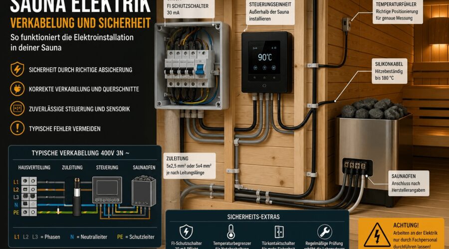 Sauna Elektrik mit Verkabelung, Steuerung und Saunaofen im Detail
