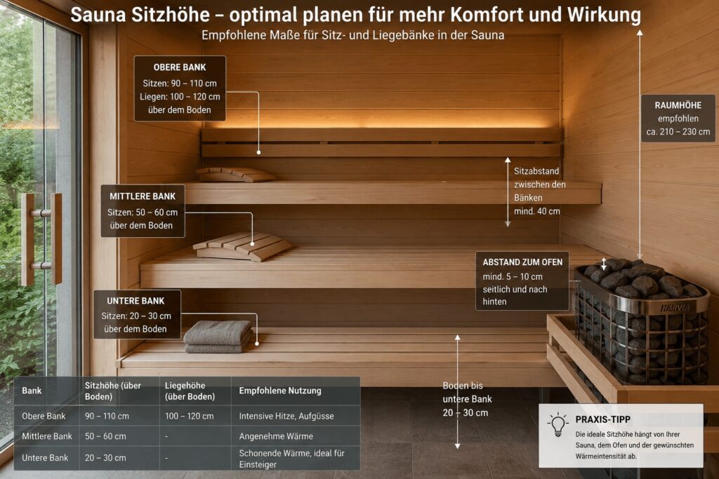 Sauna Sitzhöhe mit Darstellung der optimalen Bankhöhen, Abstände und Maße für obere, mittlere und untere Saunabänke.