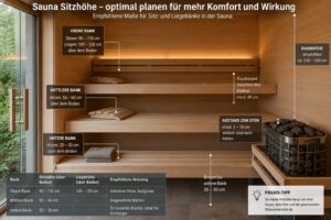 Sauna Sitzhöhe mit Darstellung der optimalen Bankhöhen, Abstände und Maße für obere, mittlere und untere Saunabänke.