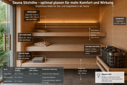 Sauna Sitzhöhe mit Darstellung der optimalen Bankhöhen, Abstände und Maße für obere, mittlere und untere Saunabänke.