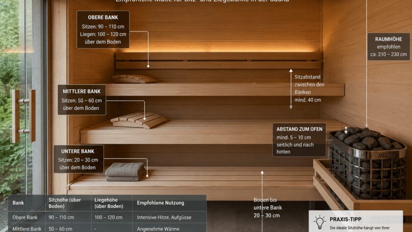 Sauna Sitzhöhe mit Darstellung der optimalen Bankhöhen, Abstände und Maße für obere, mittlere und untere Saunabänke.