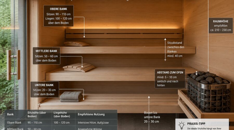 Sauna Sitzhöhe mit Darstellung der optimalen Bankhöhen, Abstände und Maße für obere, mittlere und untere Saunabänke.