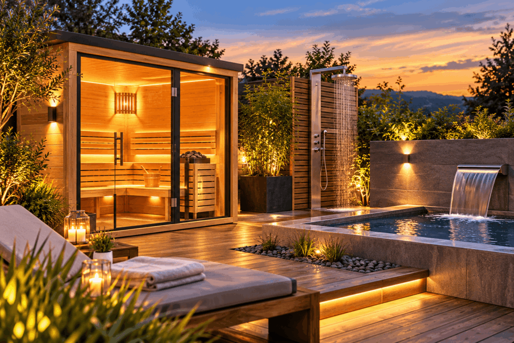 Moderner Sauna-Abkühlbereich mit Außendusche und Kaltwasserbecken
